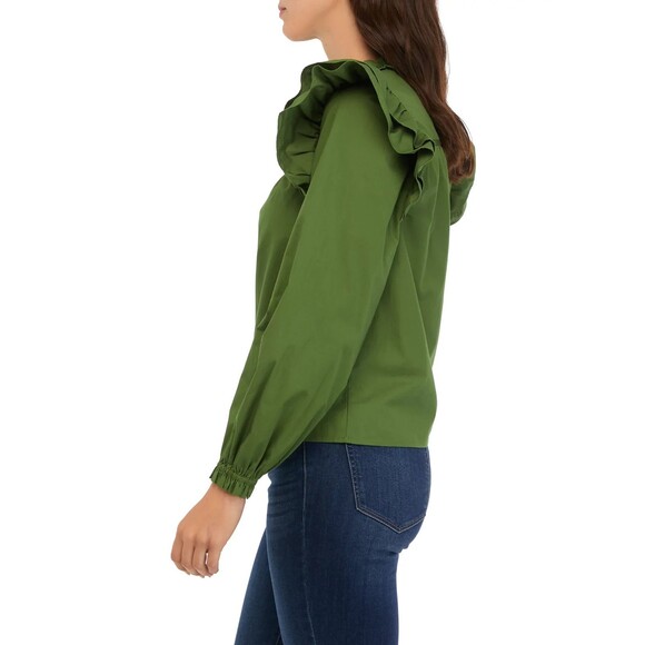 Crown & Ivy Green Ruffle Top Sz L Cottagecore Prairie Victorian 100% Cotton - Picture 2 of 13